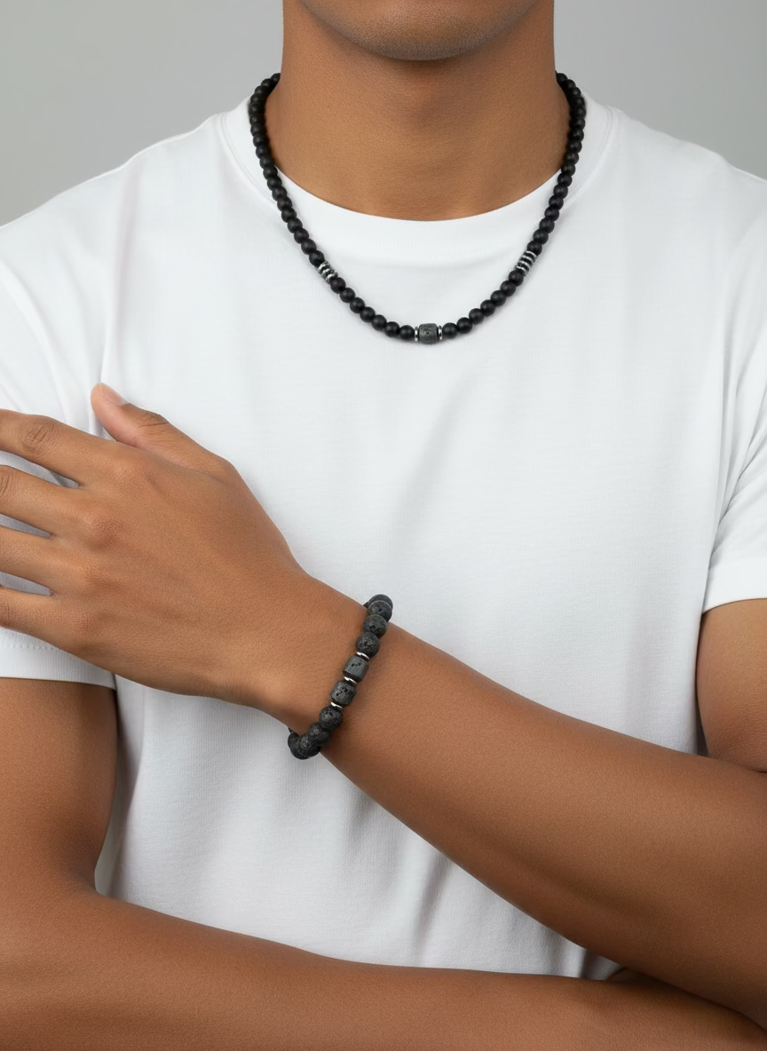 Unisex- Black Beaded Necklace and Bracelet Set